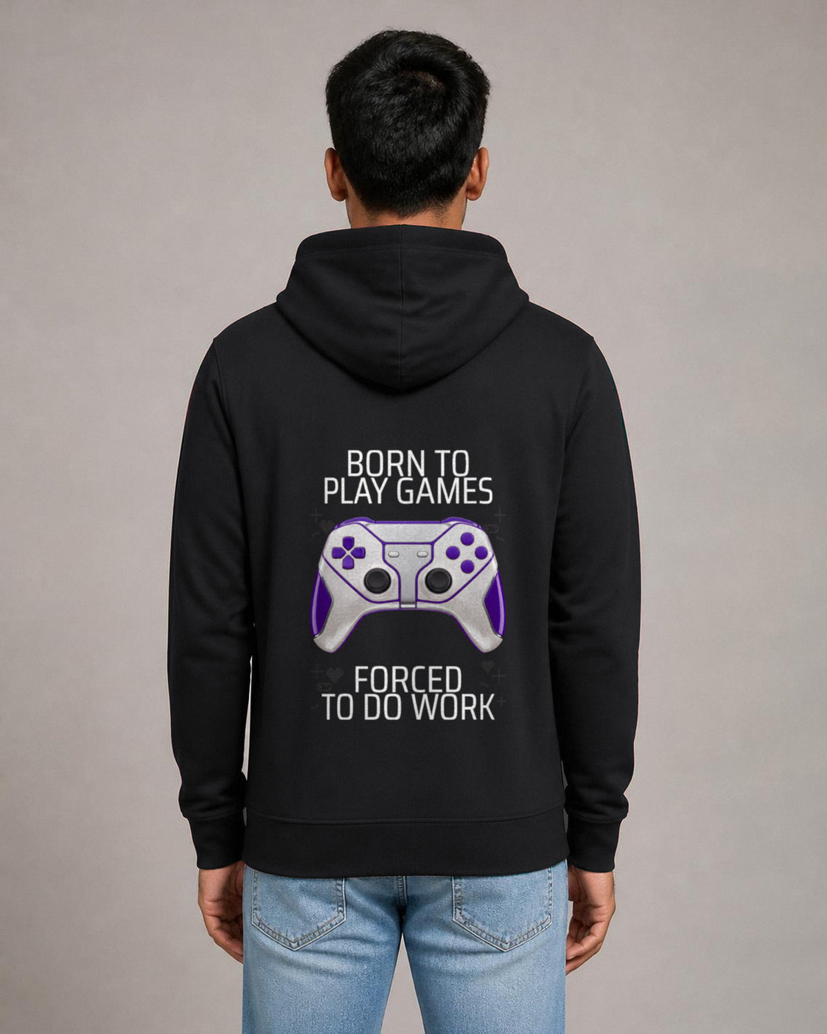 Born to Play Games back print hoodie in Black worn by a model, Bonzo Peter's