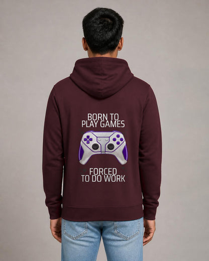 Born to Play Games back print hoodie in Maroon worn by a model, Bonzo Peter's