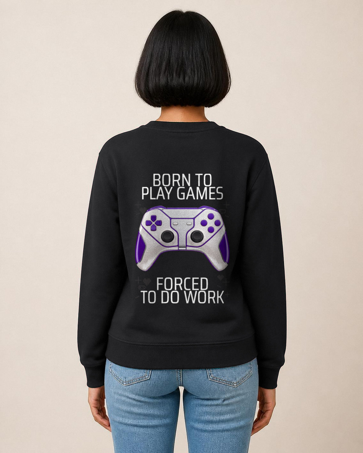 Born to Play Games back print sweatshirt in Black worn by a model, Bonzo Peter's