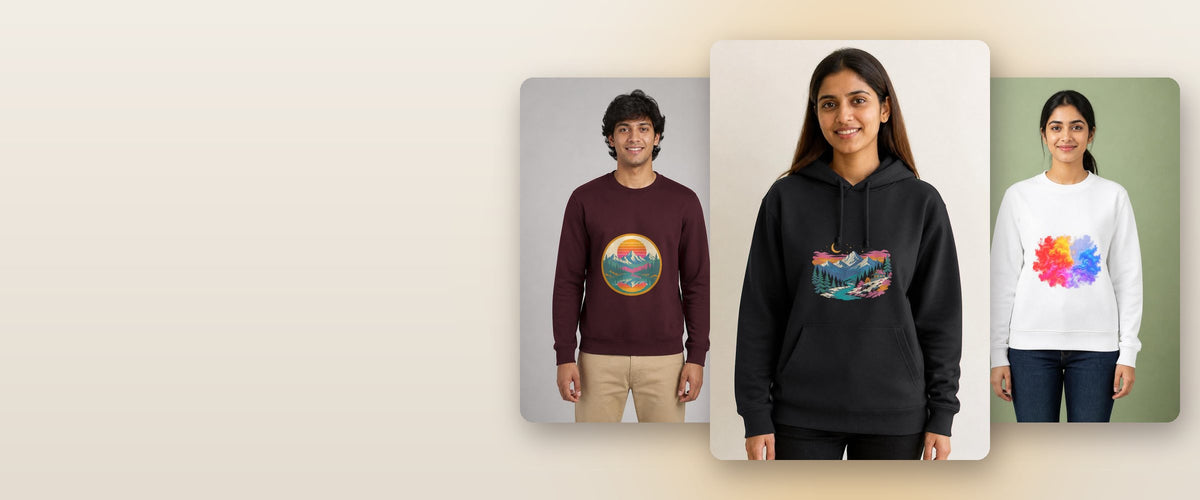 Models in the black Himalayan Dusk hoodie, maroon Retro Sunset Badge sweatshirt and white Colour Smoke sweatshirt from the Bonzo Peter's winter drop