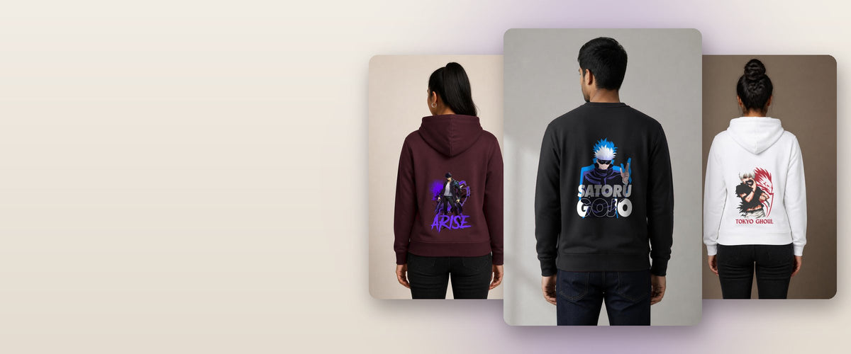 Anime back print hoodies and sweatshirts by Bonzo Peter's: Satoru Gojo sweatshirt in black, Arise hoodie in maroon and Tokyo Ghoul hoodie in white