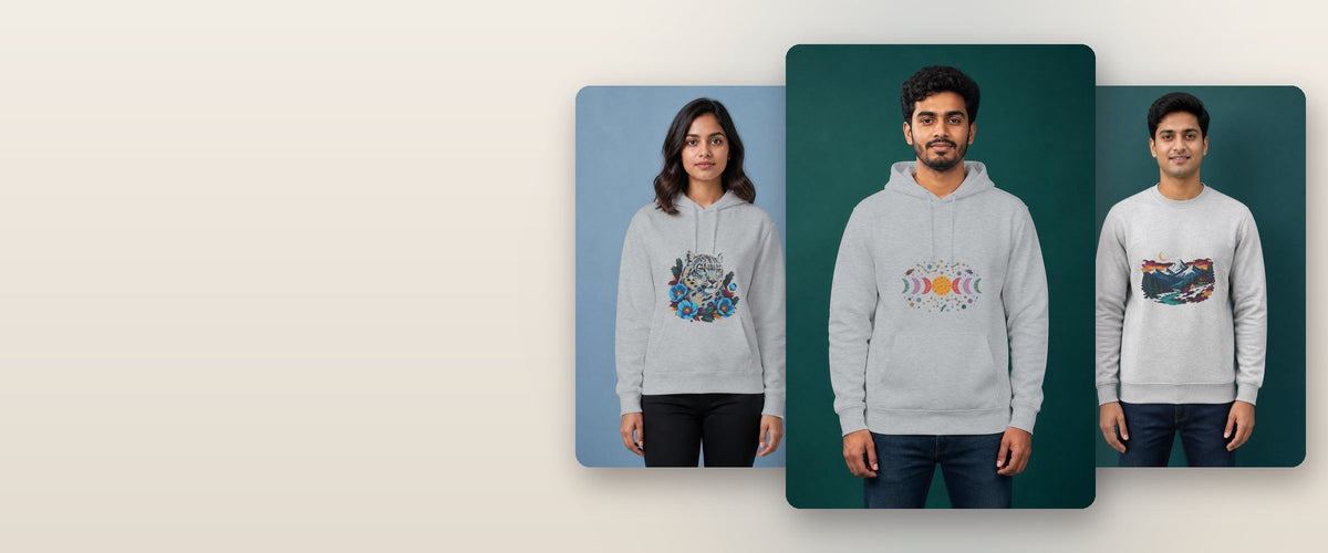 Grey melange Snow Leopard hoodie, Moon Phase hoodie and Himalayan Dusk sweatshirt worn by models, Bonzo Peter's