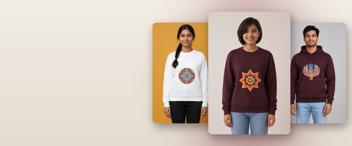 Models in the maroon Ajrakh Star sweatshirt, white Kolam Mandala sweatshirt and maroon Chai City hoodie, Bonzo Peter's