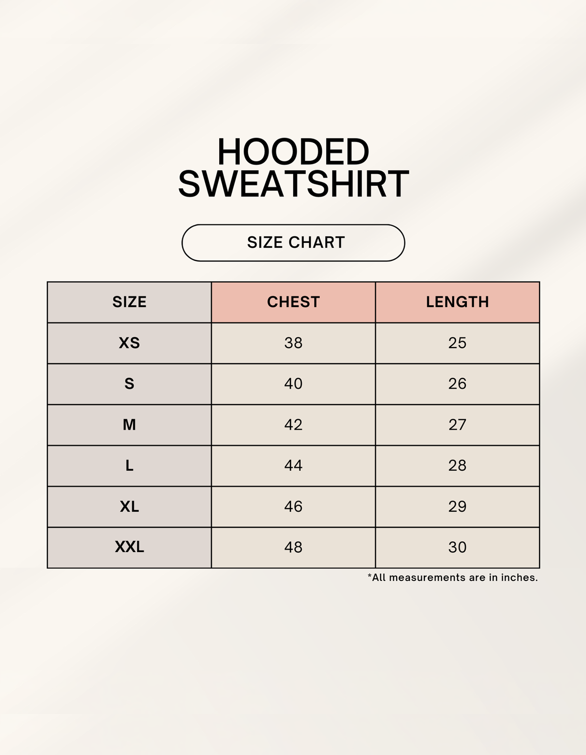 Size chart for Bonzo Peter's hoodie with chest and length measurements