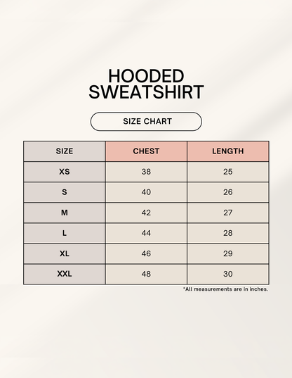 Size chart for Bonzo Peter's hoodie with chest and length measurements