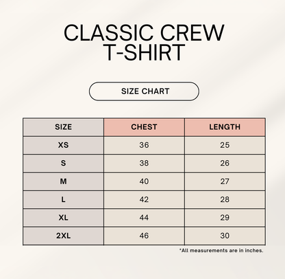 Size chart for Bonzo Peter's regular fit round-neck T-shirt with chest and length measurements
