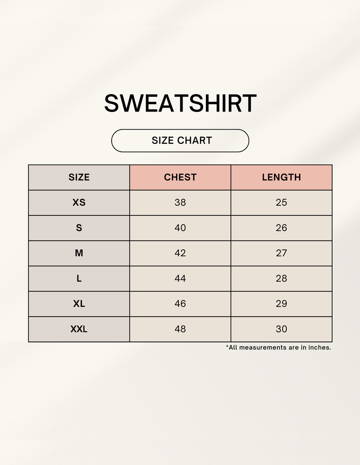 Size chart for Bonzo Peter's sweatshirt with chest and length measurements