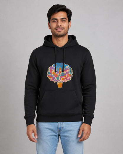 Chai City printed hoodie in Black worn by a model, Bonzo Peter's