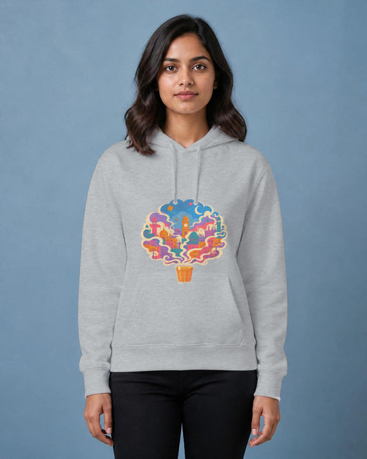 Chai City printed hoodie in Grey Melange worn by a model, Bonzo Peter's