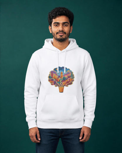 Chai City printed hoodie in White worn by a model, Bonzo Peter's