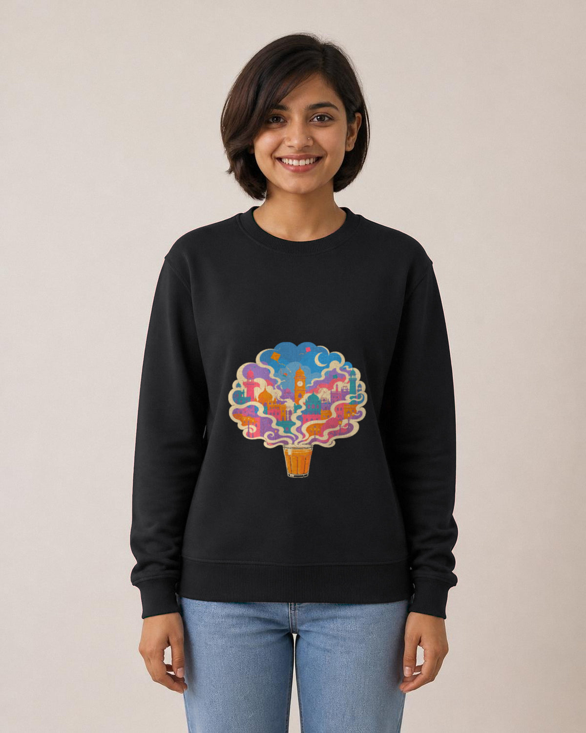 Chai City printed sweatshirt in Black worn by a model, Bonzo Peter's