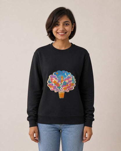 Chai City printed sweatshirt in Black worn by a model, Bonzo Peter's