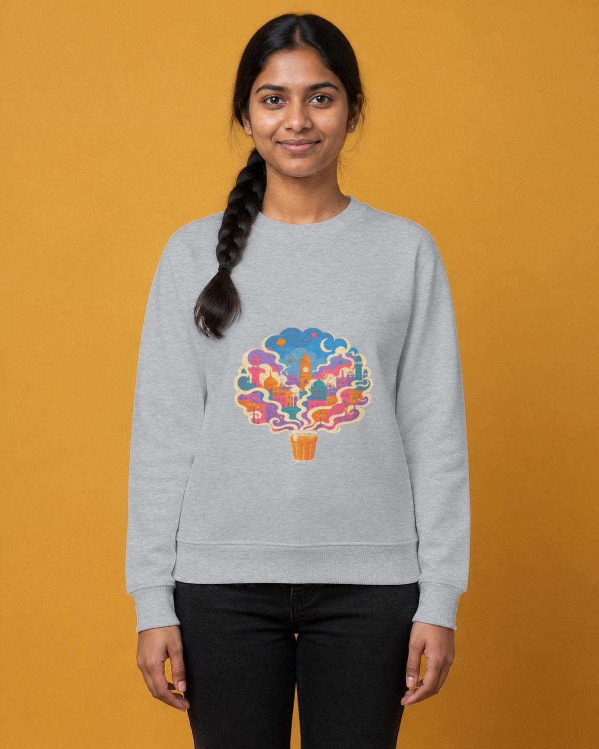 Chai City printed sweatshirt in Grey Melange worn by a model, Bonzo Peter's