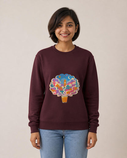 Chai City printed sweatshirt in Maroon worn by a model, Bonzo Peter's