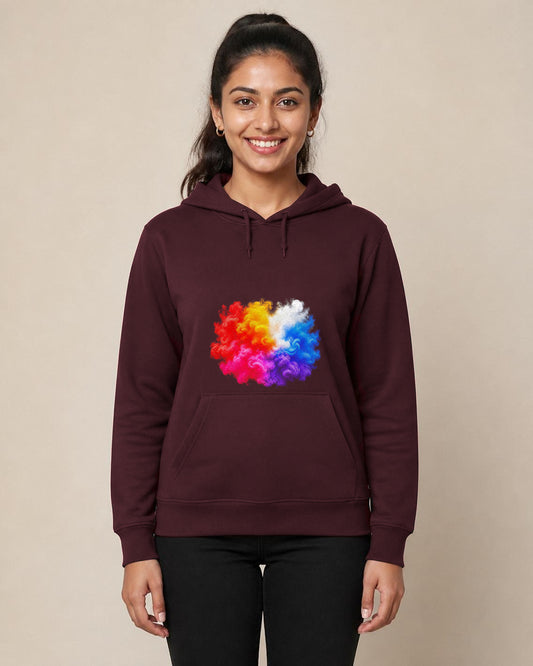 Colour Smoke front and back print hoodie in Maroon worn by a model, front view, Bonzo Peter's