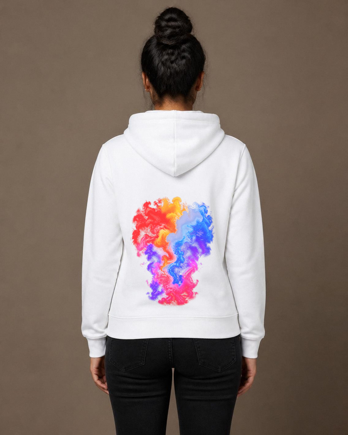 Colour Smoke front and back print hoodie in White worn by a model, back view, Bonzo Peter's