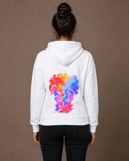 Colour Smoke front and back print hoodie in White worn by a model, back view, Bonzo Peter's