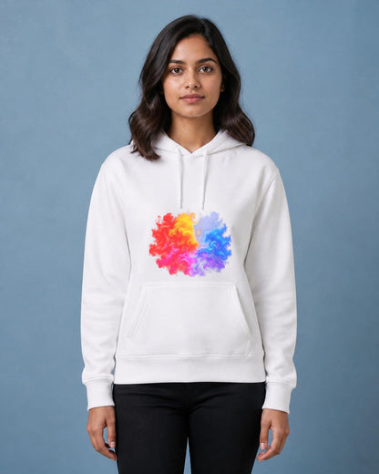 Colour Smoke front and back print hoodie in White worn by a model, front view, Bonzo Peter's