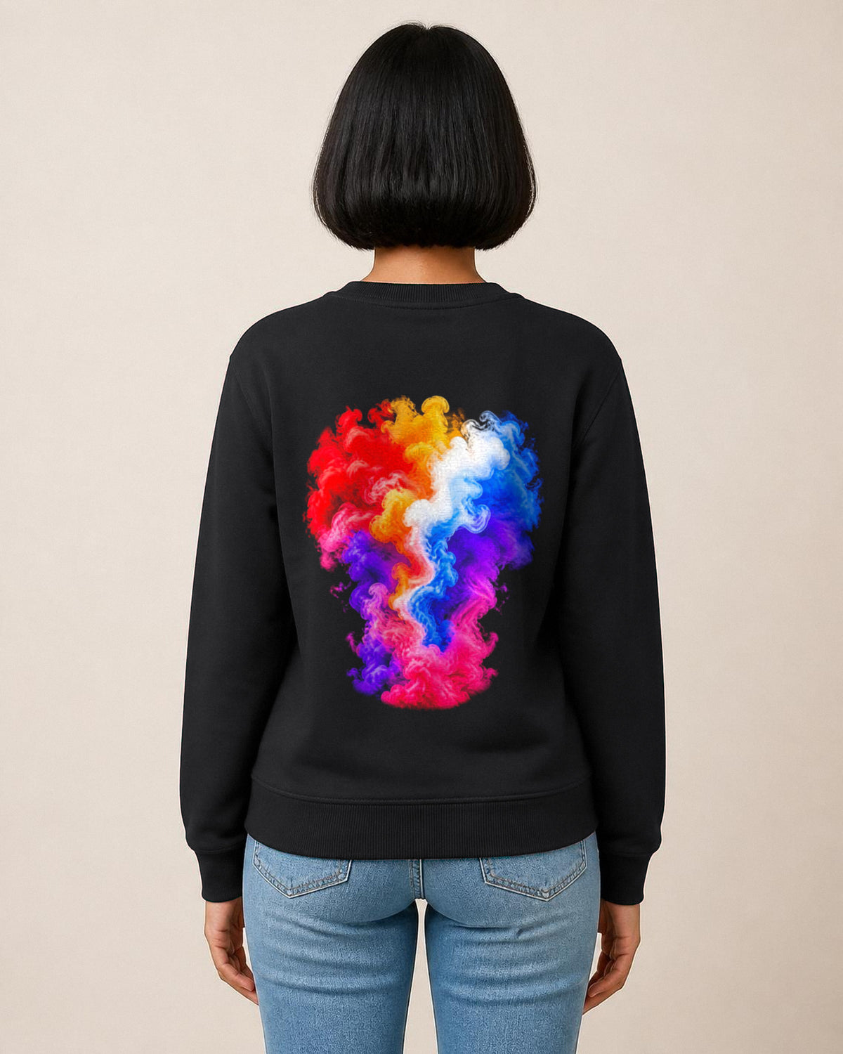 Colour Smoke front and back print sweatshirt in Black worn by a model, back view, Bonzo Peter's
