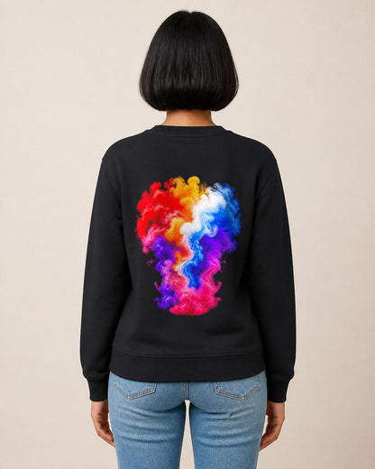 Colour Smoke front and back print sweatshirt in Black worn by a model, back view, Bonzo Peter's