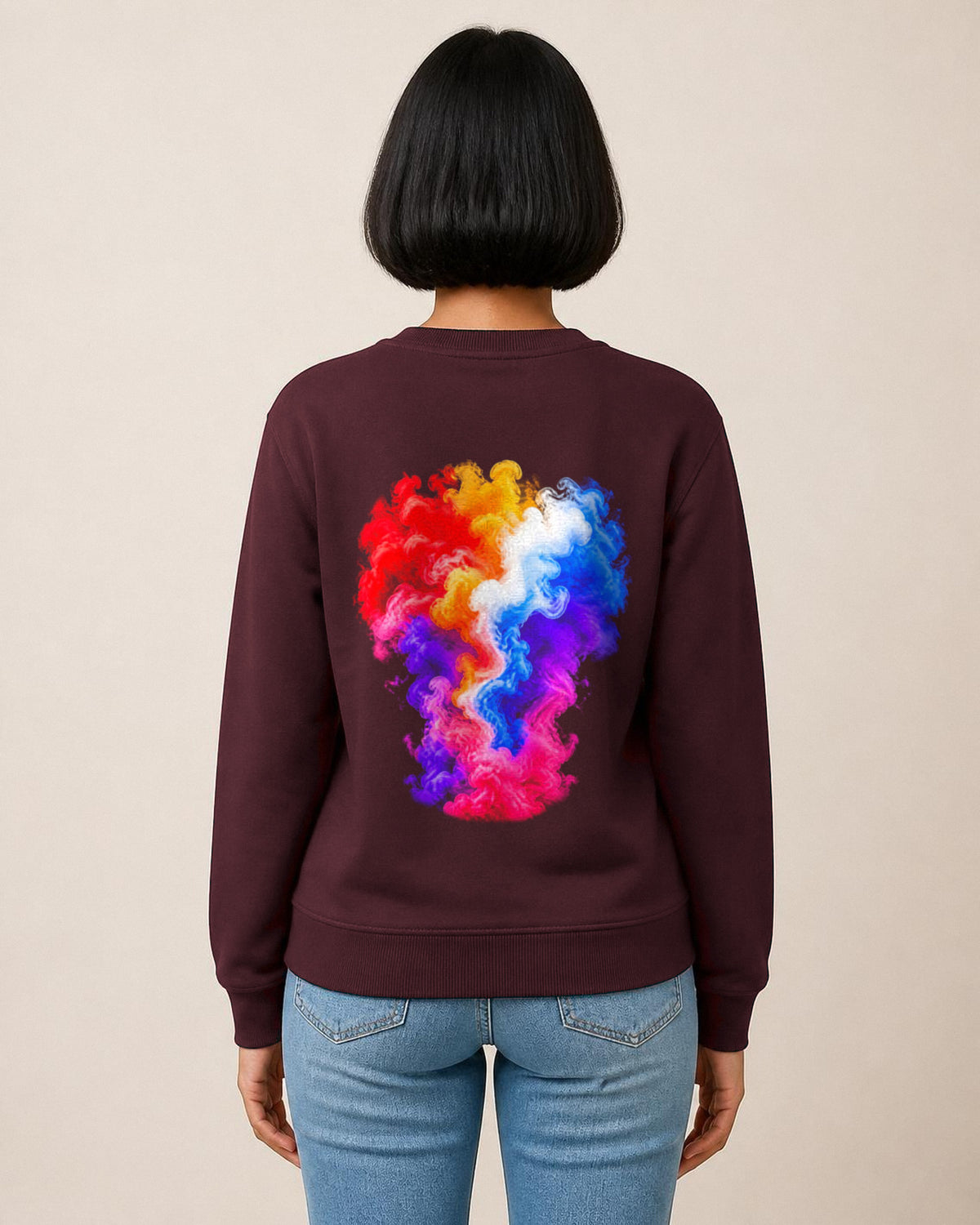 Colour Smoke front and back print sweatshirt in Maroon worn by a model, back view, Bonzo Peter's