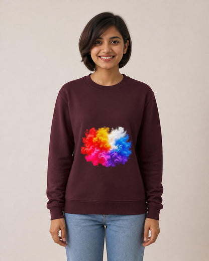 Colour Smoke front and back print sweatshirt in Maroon worn by a model, front view, Bonzo Peter's