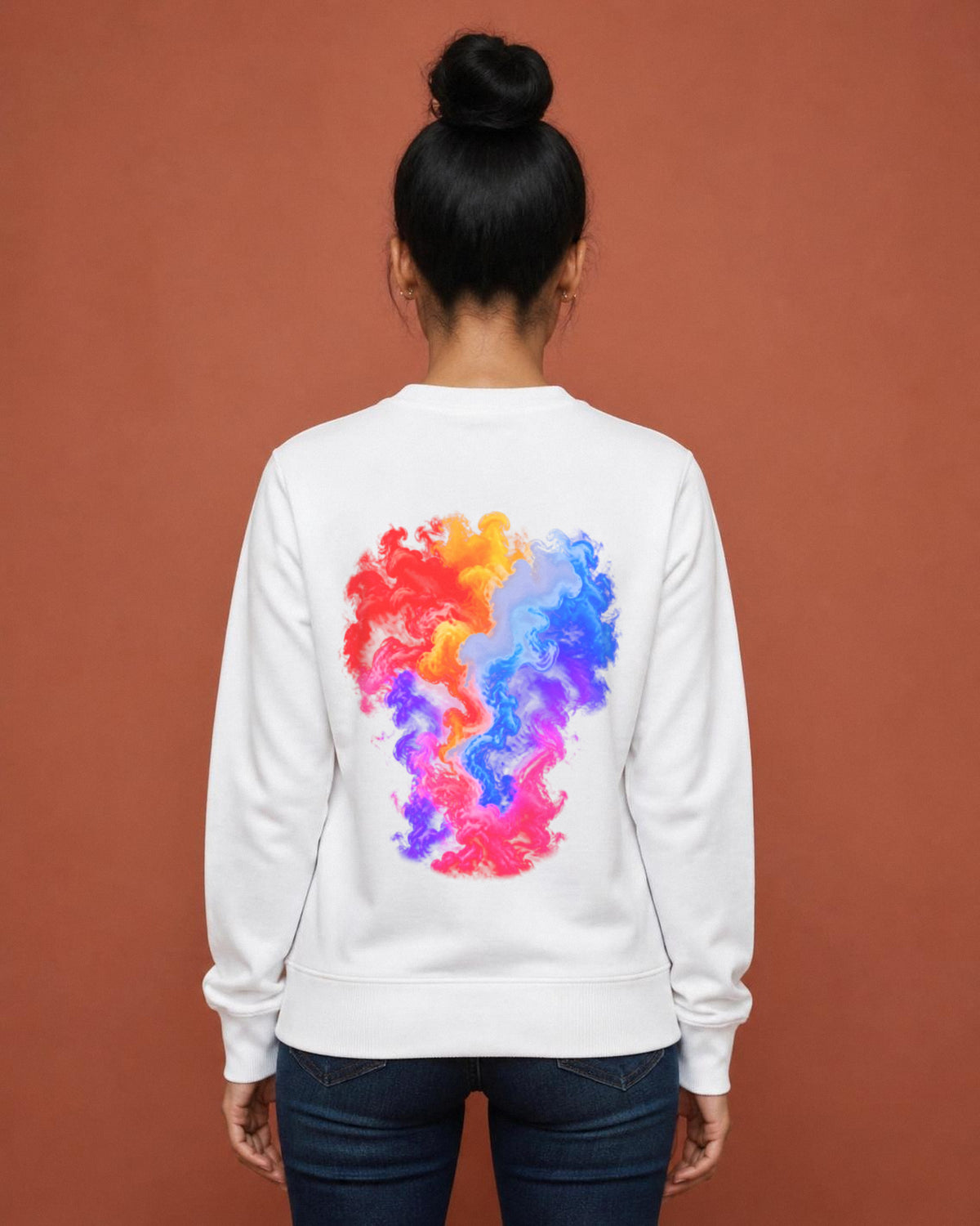 Colour Smoke front and back print sweatshirt in White worn by a model, back view, Bonzo Peter's