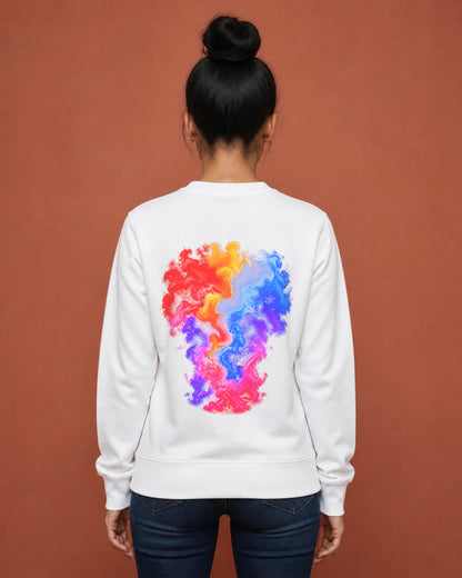 Colour Smoke front and back print sweatshirt in White worn by a model, back view, Bonzo Peter's