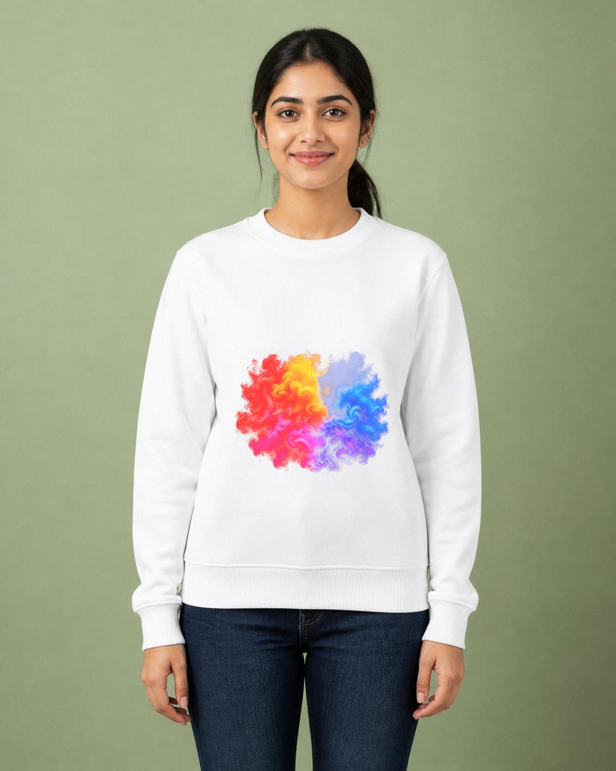 Colour Smoke front and back print sweatshirt in White worn by a model, front view, Bonzo Peter's