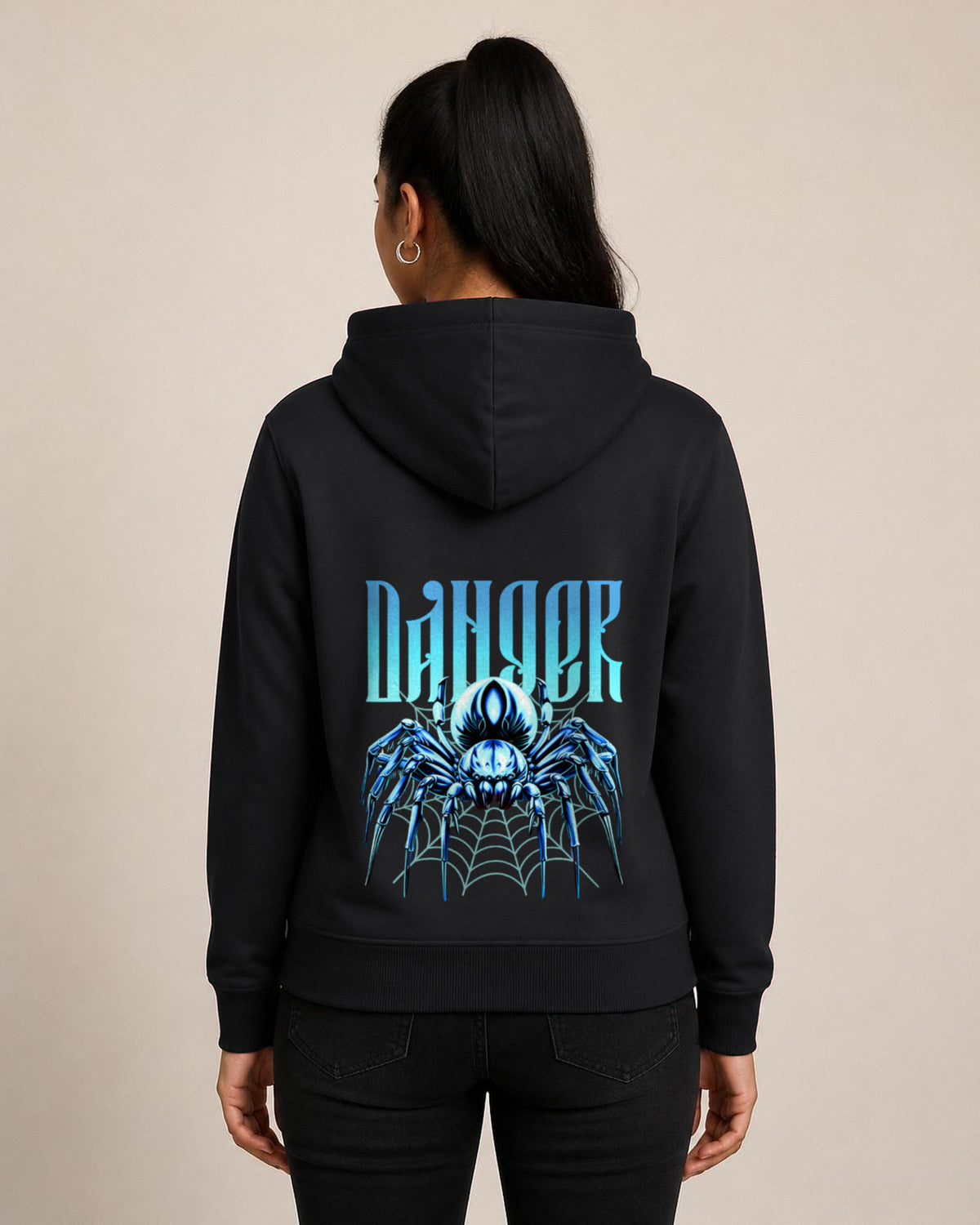 Danger Spider back print hoodie in Black worn by a model, Bonzo Peter's