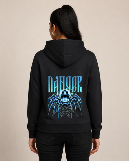 Danger Spider back print hoodie in Black worn by a model, Bonzo Peter's