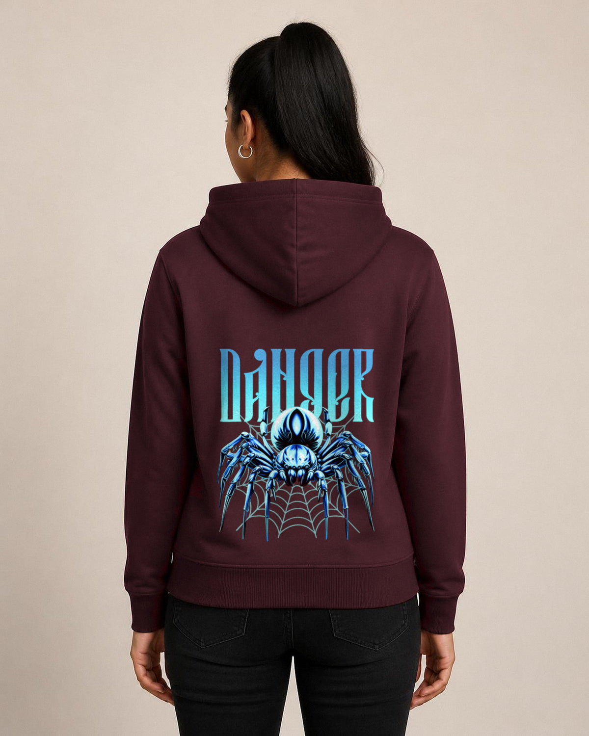 Danger Spider back print hoodie in Maroon worn by a model, Bonzo Peter's