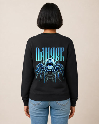 Danger Spider back print sweatshirt in Black worn by a model, Bonzo Peter's