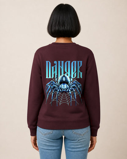 Danger Spider back print sweatshirt in Maroon worn by a model, Bonzo Peter's
