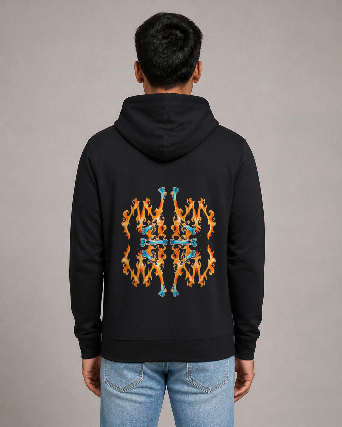 Fire Inside back print hoodie in Black worn by a model, Bonzo Peter's