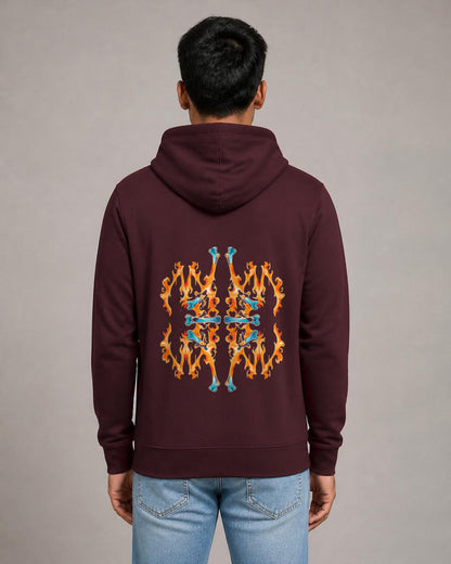 Fire Inside back print hoodie in Maroon worn by a model, Bonzo Peter's