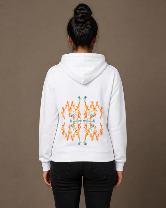 Fire Inside back print hoodie in White worn by a model, Bonzo Peter's