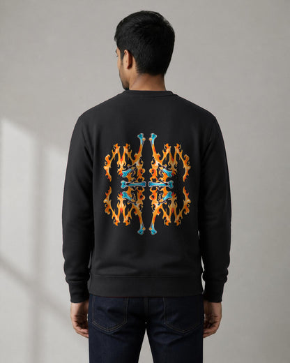 Fire Inside back print sweatshirt in Black worn by a model, Bonzo Peter's