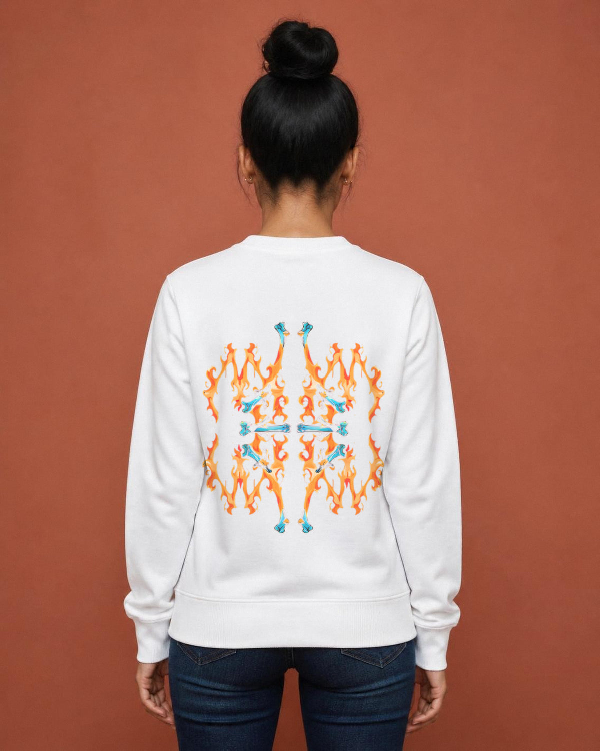 Fire Inside back print sweatshirt in White worn by a model, Bonzo Peter's