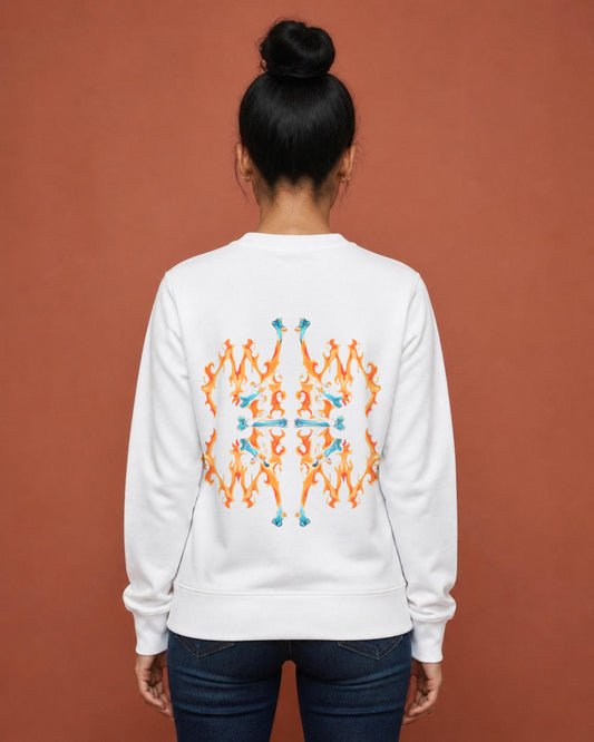Fire Inside back print sweatshirt in White worn by a model, Bonzo Peter's