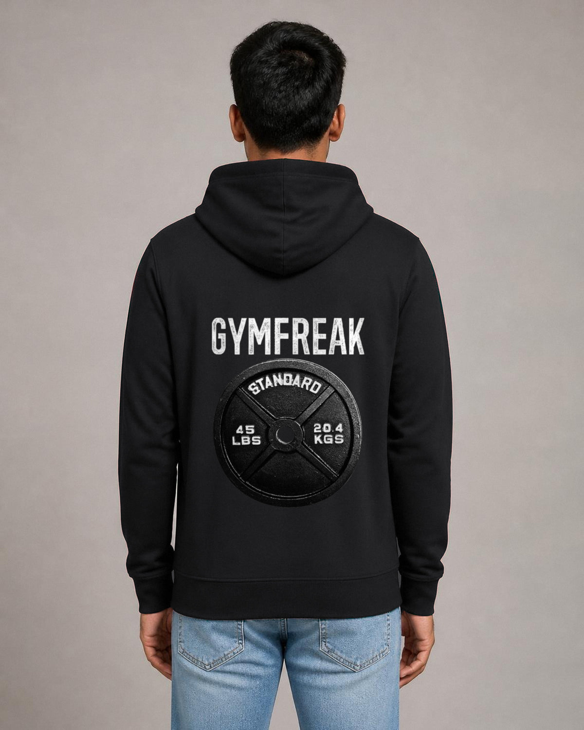 GymFreak back print hoodie in Black worn by a model, Bonzo Peter's