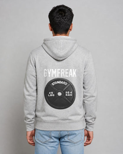 GymFreak back print hoodie in Grey Melange worn by a model, Bonzo Peter's