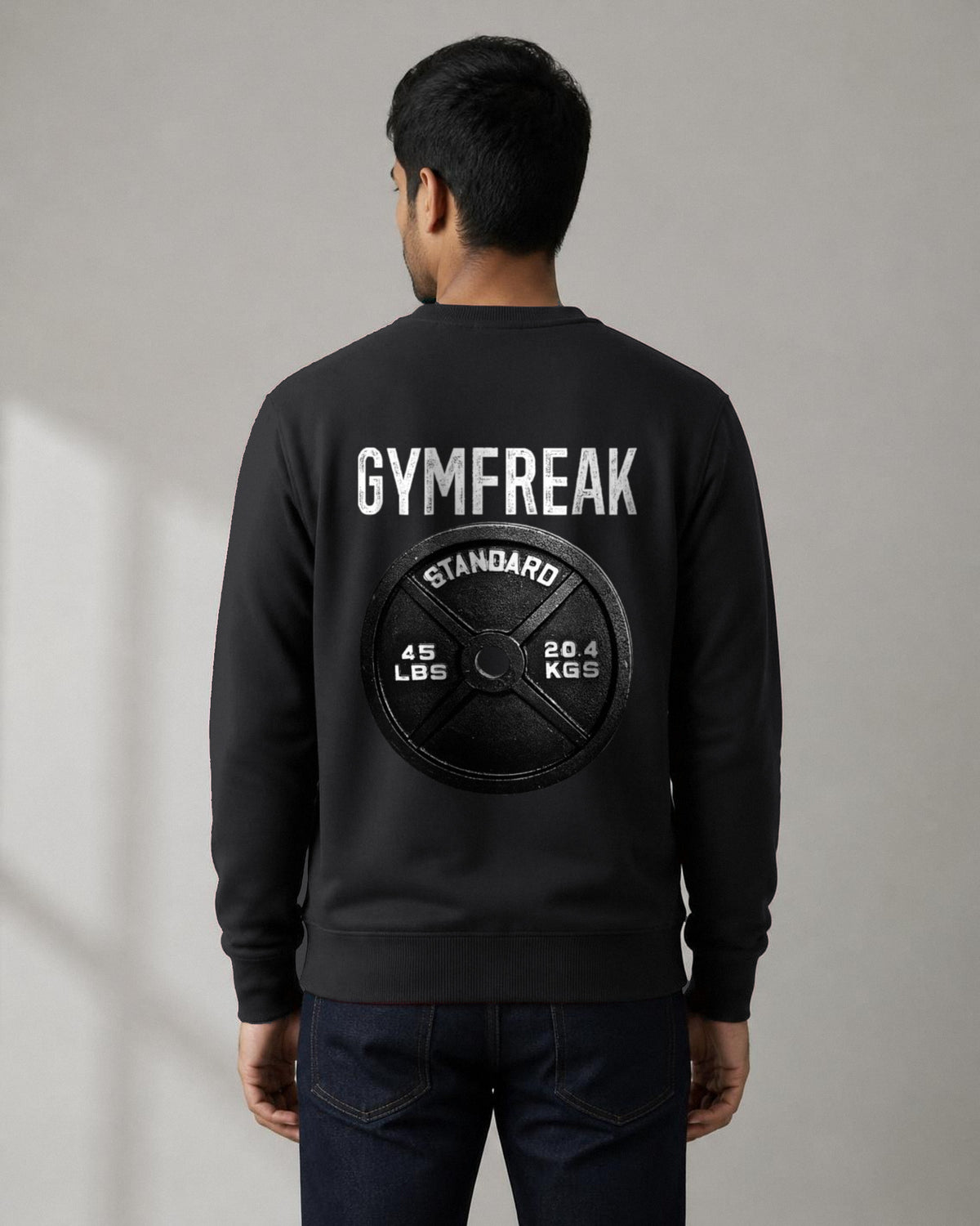 GymFreak back print sweatshirt in Black worn by a model, Bonzo Peter's