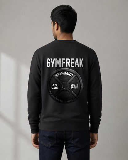 GymFreak back print sweatshirt in Black worn by a model, Bonzo Peter's