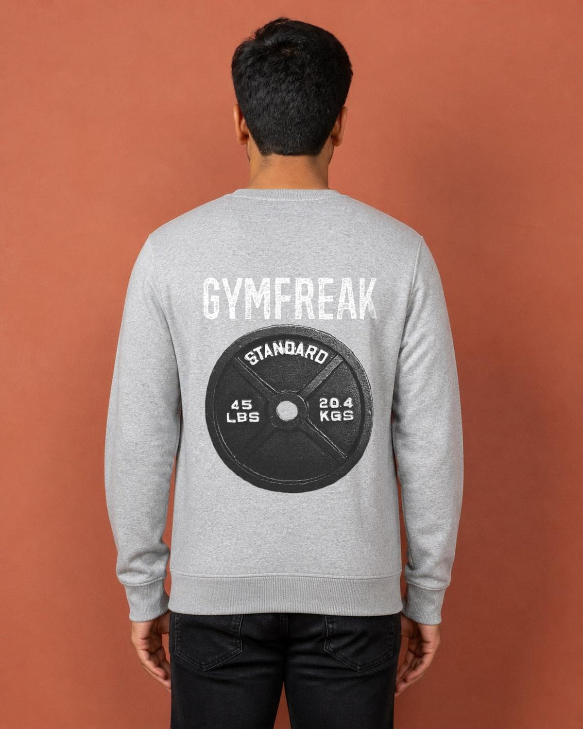 GymFreak back print sweatshirt in Grey Melange worn by a model, Bonzo Peter's