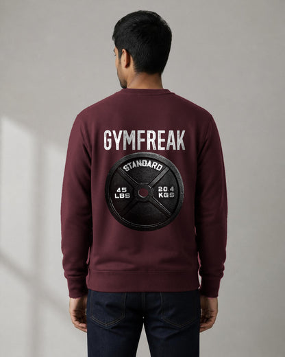 GymFreak back print sweatshirt in Maroon worn by a model, Bonzo Peter's