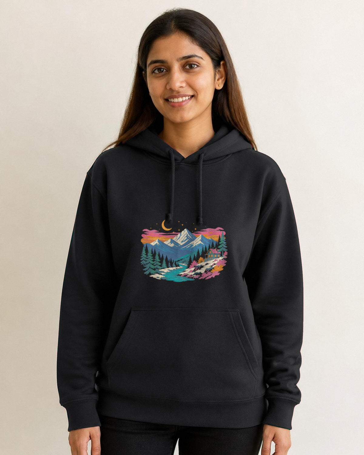 Himalayan Dusk printed hoodie in Black worn by a model, Bonzo Peter's