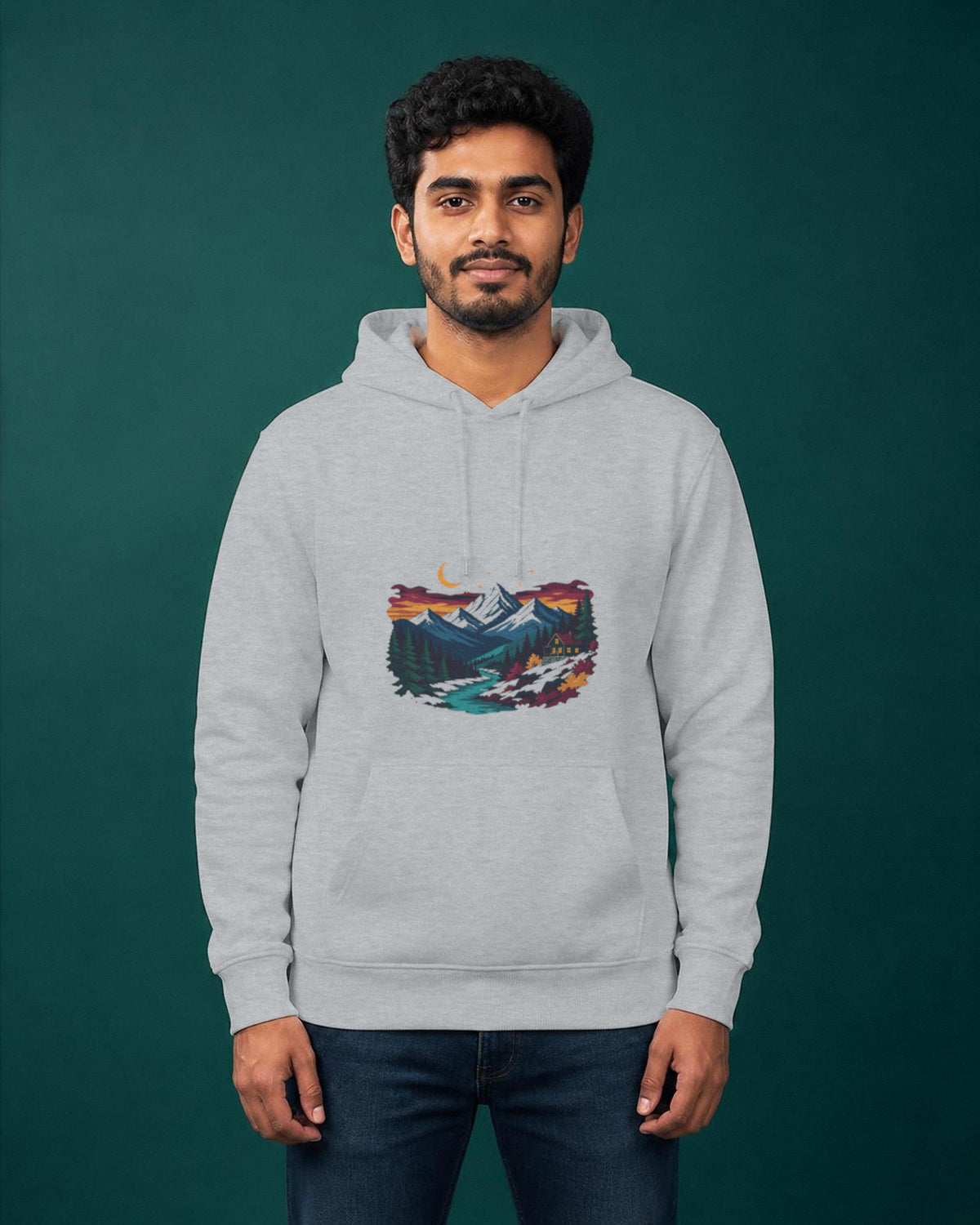 Himalayan Dusk printed hoodie in Grey Melange worn by a model, Bonzo Peter's