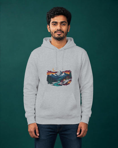 Himalayan Dusk printed hoodie in Grey Melange worn by a model, Bonzo Peter's