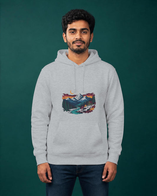 Himalayan Dusk printed hoodie in Grey Melange worn by a model, Bonzo Peter's